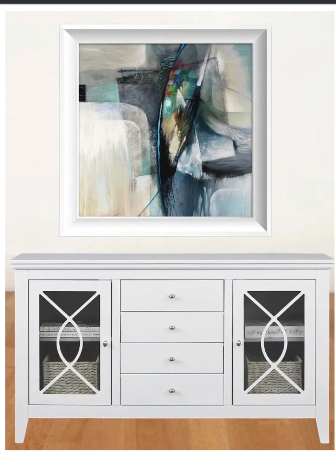 Console white Featuring four drawers and two glass door cabinets, each with a shelf, 61.5"w x 18"d