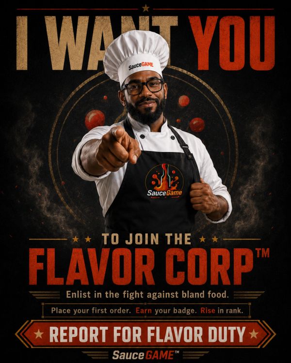 Chef in SauceGAME uniform pointing, recruiting for Flavor Corp to fight bland food.