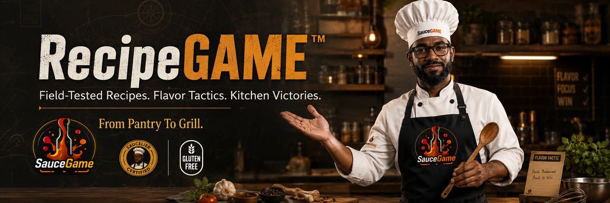 Chef presenting RecipeGAME with bold, flavor-filled cooking tactics.