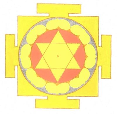 A colorful geometric yantra with yellow, orange, and gray shapes.