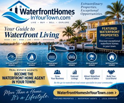 Advertisement for WaterfrontHomesInYourTown.com featuring waterfront property types.
