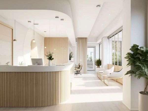 Bright modern reception area with wooden and white design.