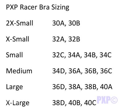 PXP FR Sport Bra Sizing Chart