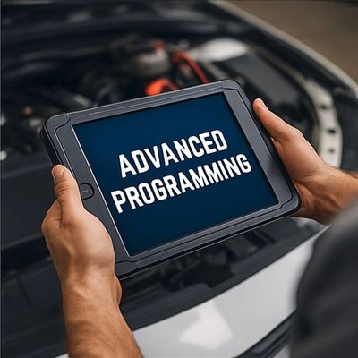 Tablet used for advanced module programming near open hood