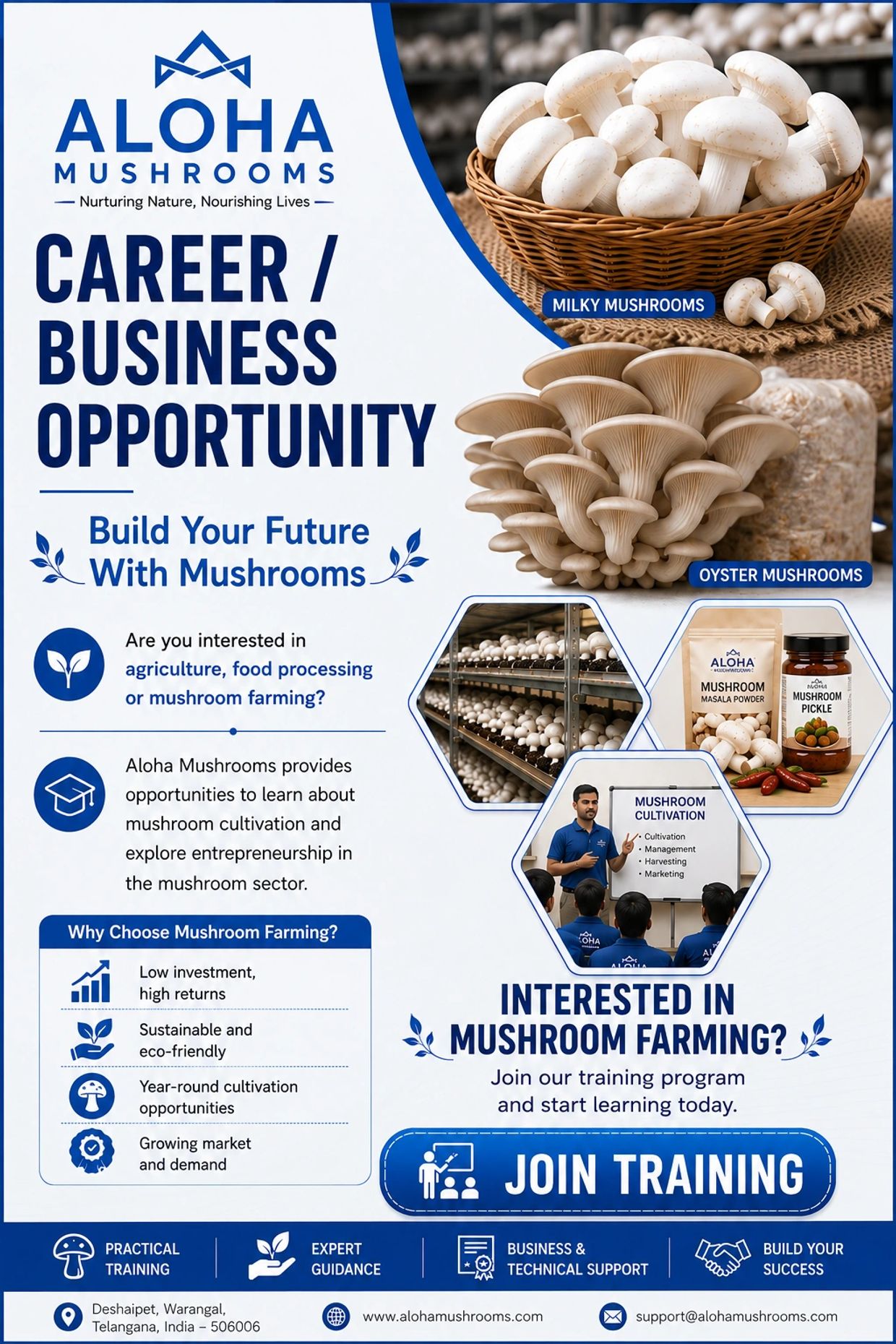 Aloha Mushrooms career opportunity for mushroom farming training.
