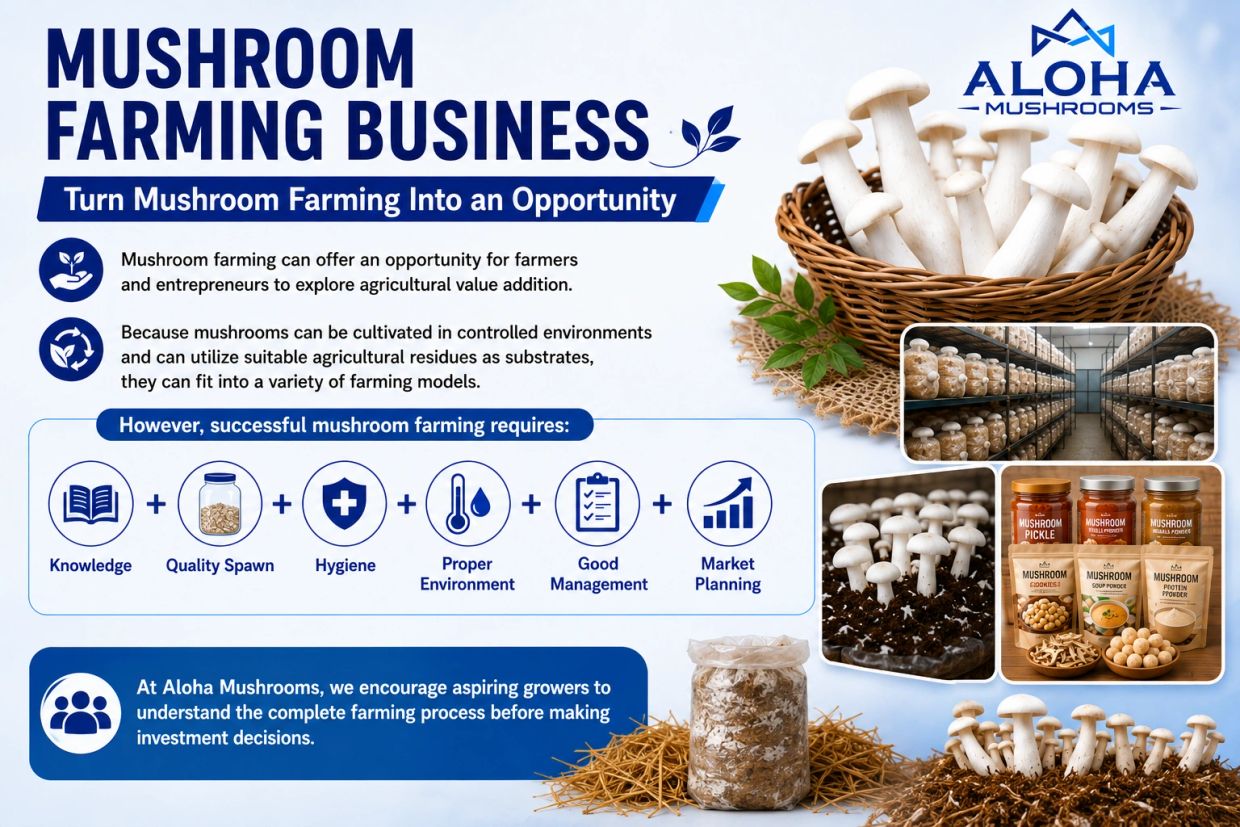 Informational poster about mushroom farming business opportunities with tips for success.