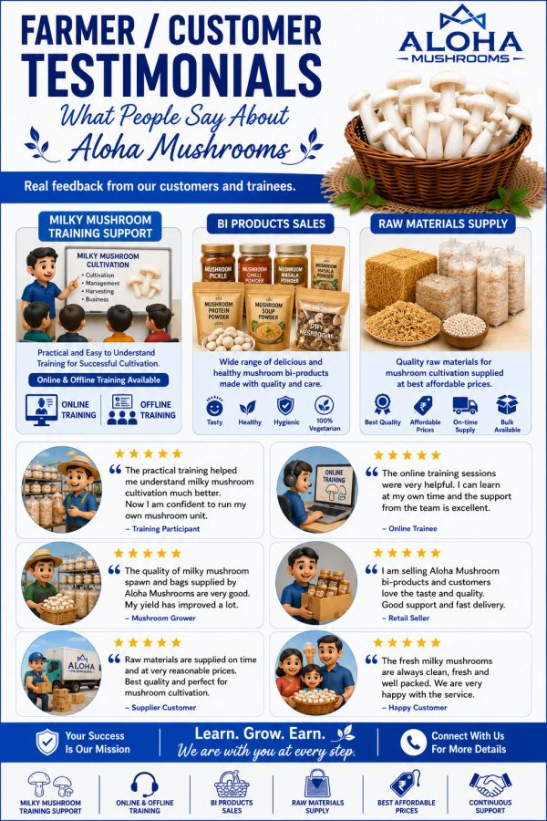 Customer testimonials highlighting Aloha Mushrooms training and product quality.