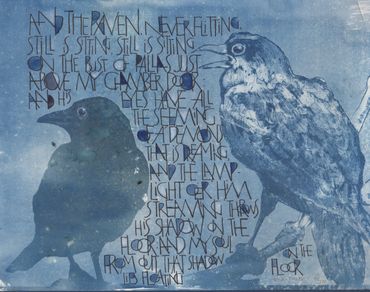 Cyanotype using negative laters and handlettering. Crows were from etchings I did and scanned.