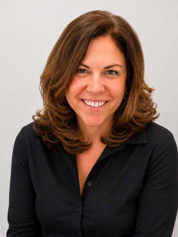 Smiling woman with brown hair wearing a black shirt.