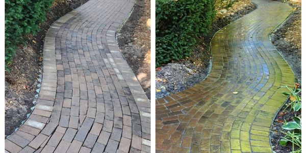 Cleaning, sanding, and sealing of a brick paver walkway.