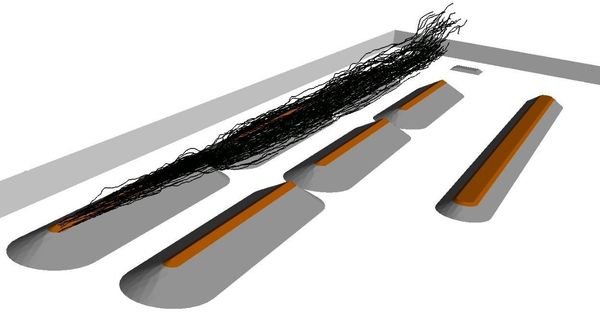 10-micron particle trajectories from one stockpile at 45 m/s with the perimeter wind fence.