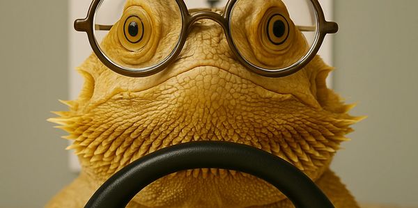 A bearded dragon wearing glasses holds a steering wheel in front of an eye chart.