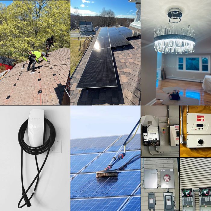 Solar panel installation, maintenance, and electrical setup images.