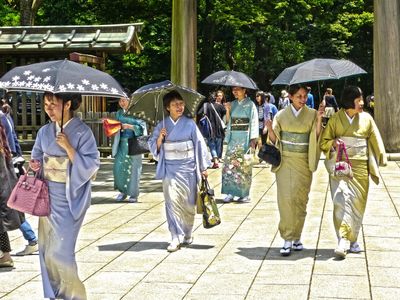 Japanese women in traditional kimonos