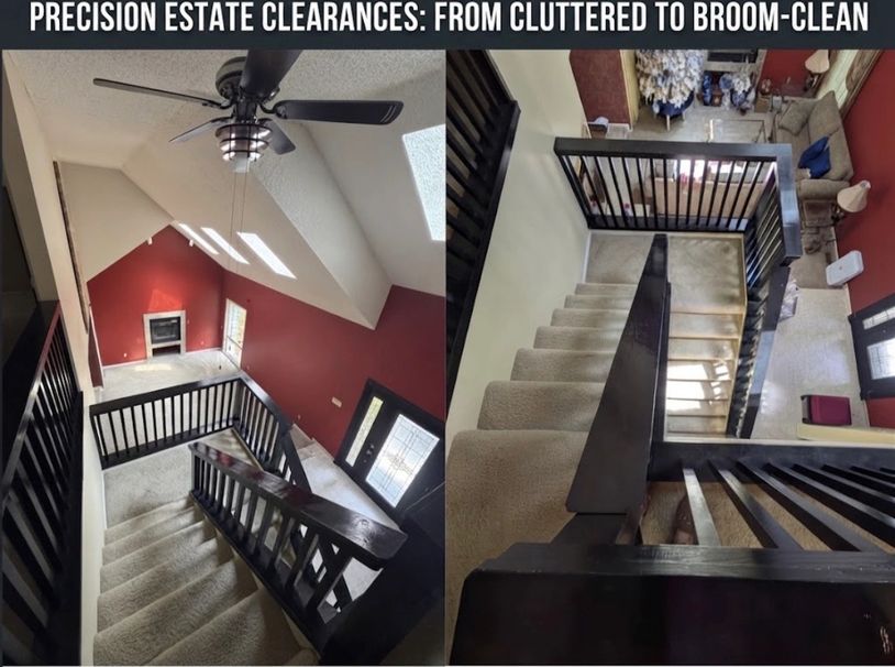 Before and after estate clearance of a stairway and living area.