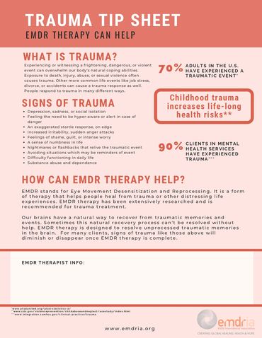 A trauma tip sheet with sections: "what is trauma," "signs of trauma" & "how can EMDR therapy help"