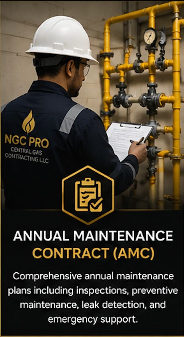 Technician inspects gas pipes for annual maintenance contract.