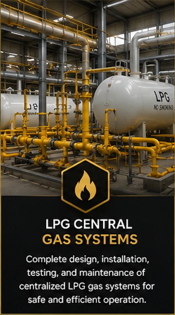 Industrial LPG gas system with yellow pipelines and storage tanks inside a facility.