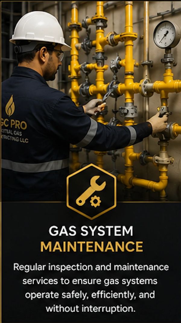 Technician performing maintenance on yellow gas pipes with wrench and safety gear.