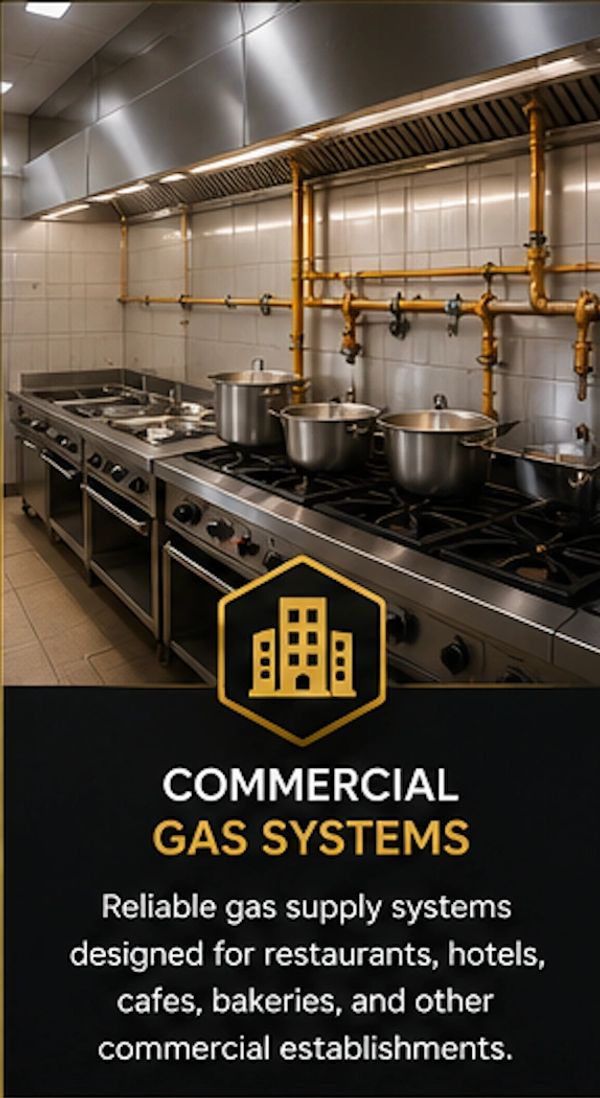 Commercial kitchen with stainless steel gas stoves and pots, highlighting reliable gas supply systems.