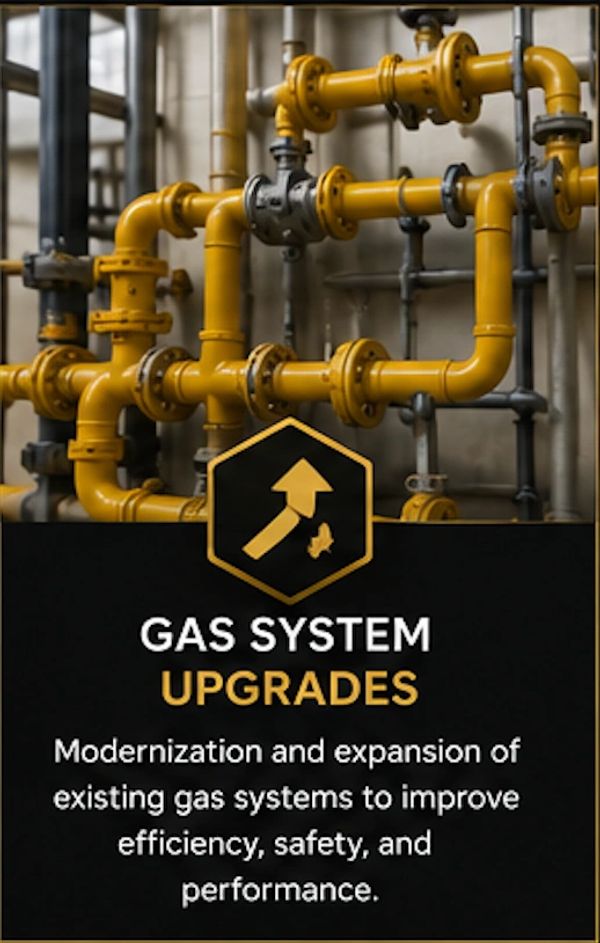 Yellow industrial gas pipes with a sign about gas system upgrades for efficiency and safety.