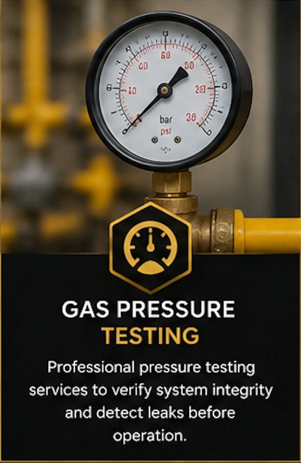 Close-up of a gas pressure gauge with testing service details.