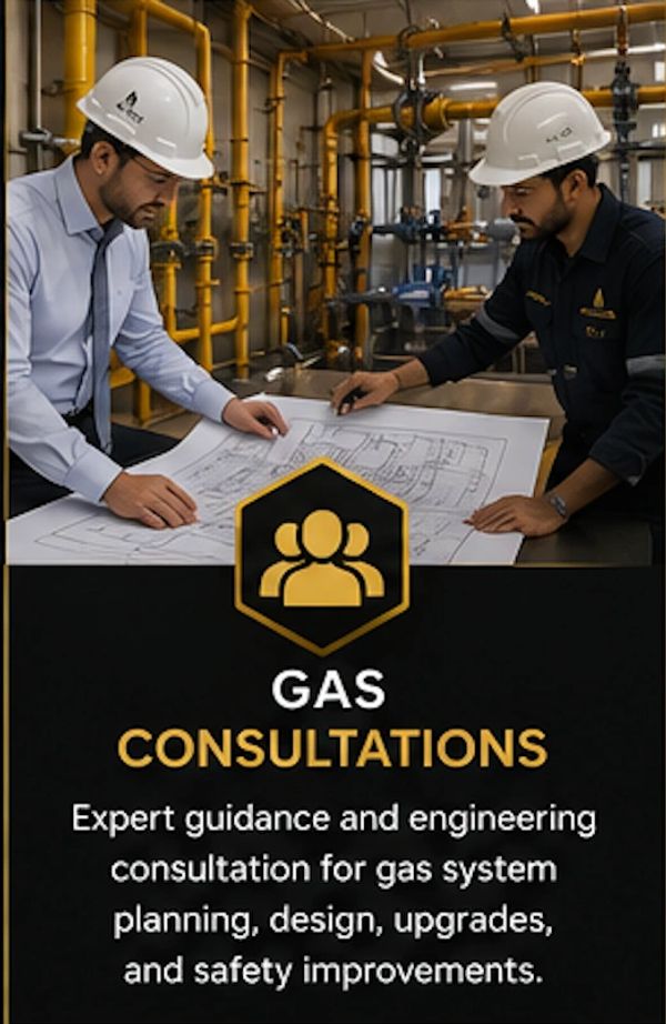 Two engineers reviewing gas system plans for consultation and safety improvements.