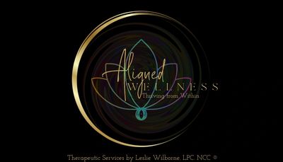 Logo with lotus and elegant text for Aligned Wellness, therapeutic services.