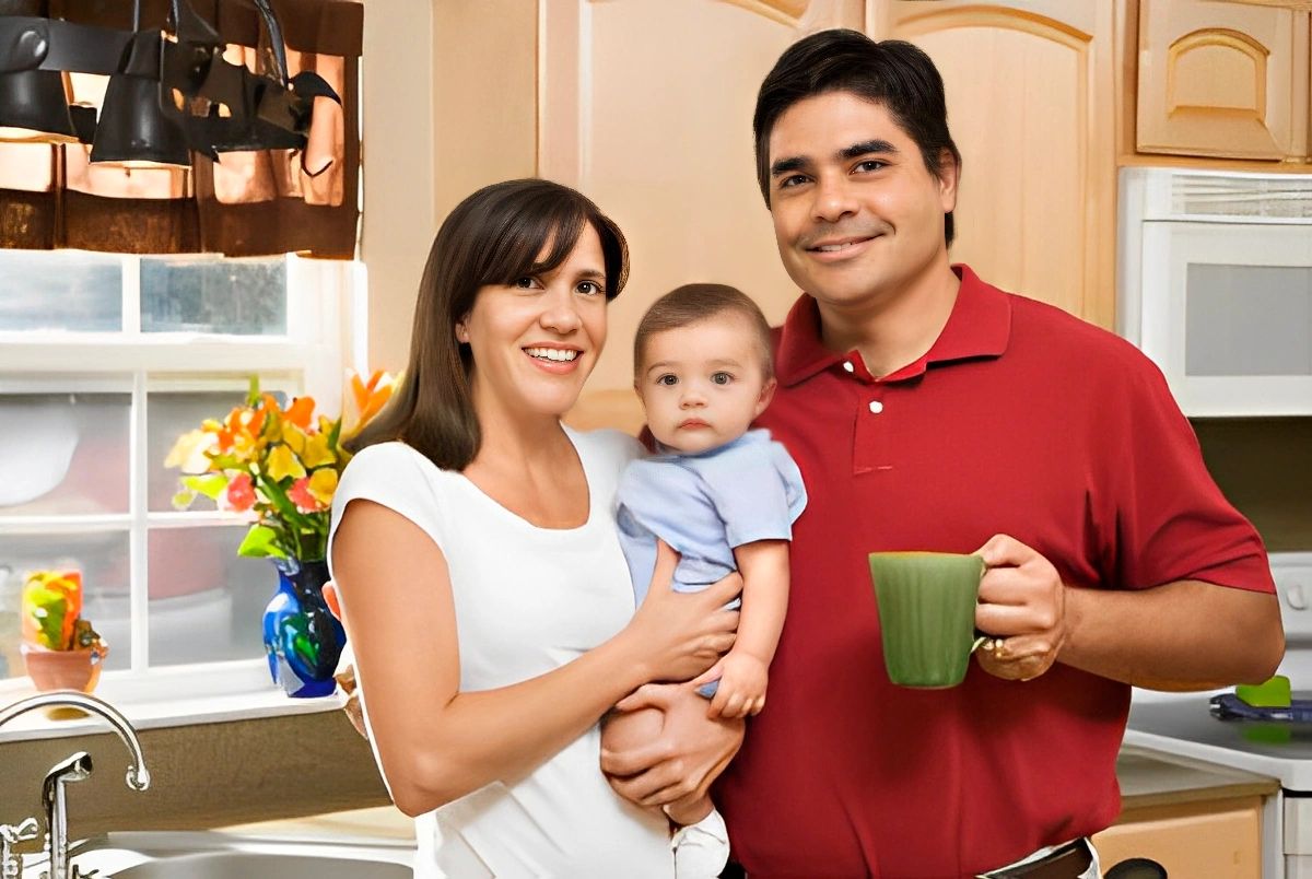 A young family of three, including a mother, father, and a baby, smiling together in a kitchen.