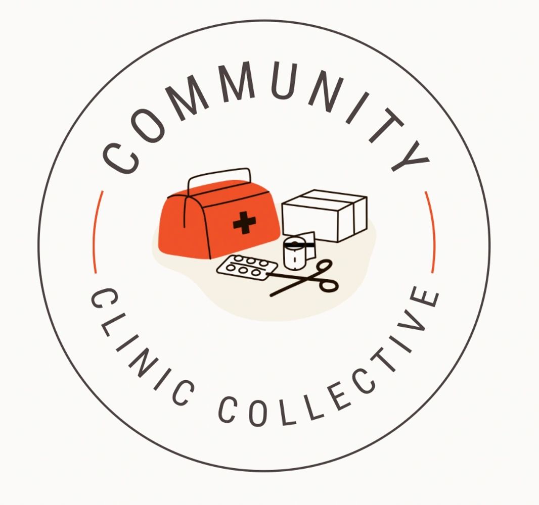 Logo for Community Clinic Collective with medical supplies illustration.