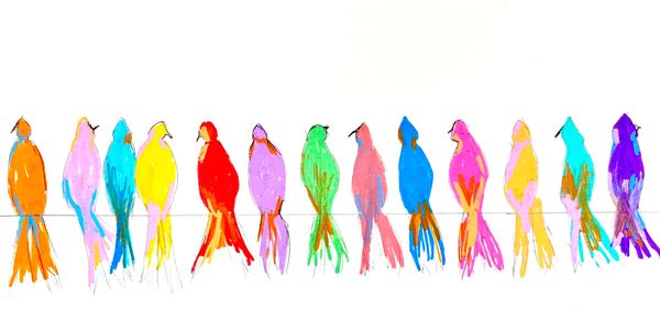 Colorful birds drawn with simple lines perched in a row on a wire.