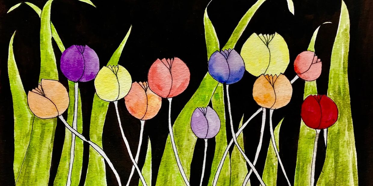 Colorful tulip-like flowers with green leaves on black background.