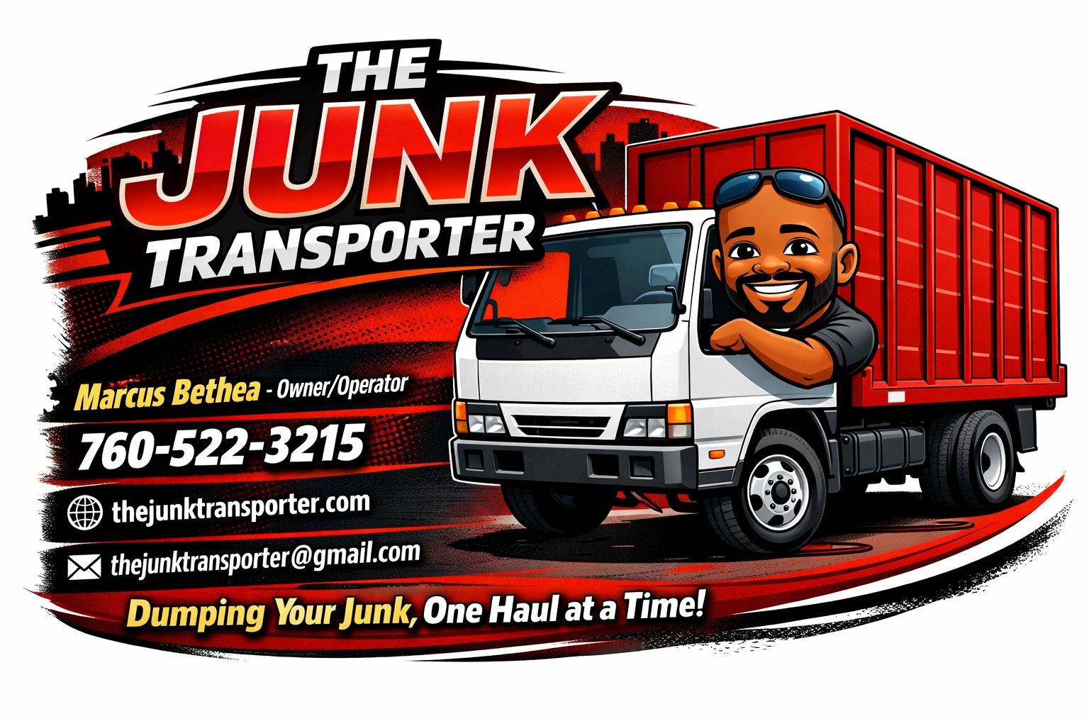 Cartoon-style business card for The Junk Transporter with contact info and a red truck.
