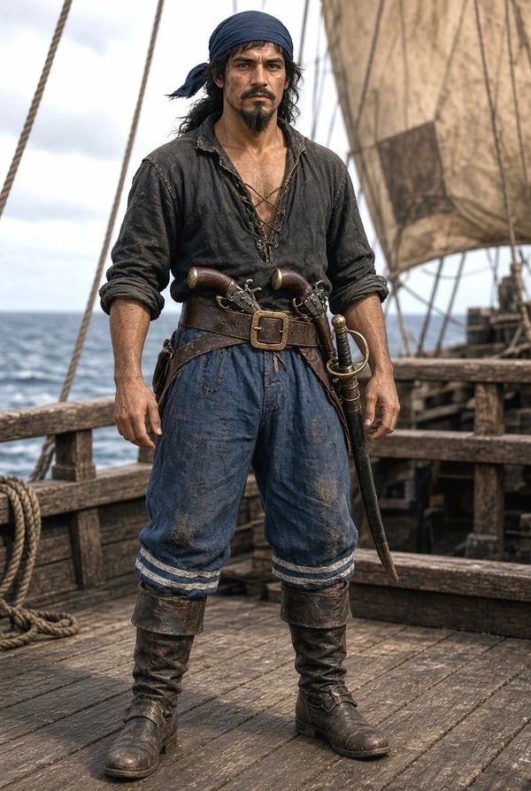 Pirate standing on a ship deck ready for action.