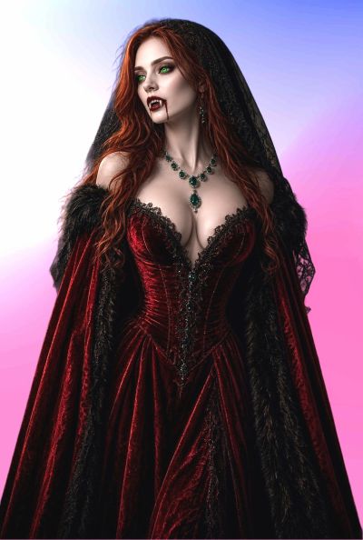 A vampiress in an elegant red velvet dress with fangs and green eyes.