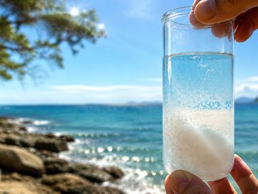 Person holding water sample by the ocean.