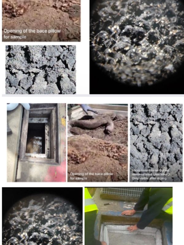 Images show soil sampling and micro/nano filtration units preventing plastic particulates in stormwater.