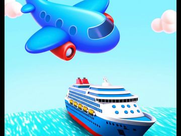 Colorful 3D airplane flying above a cruise ship on bright blue waters.