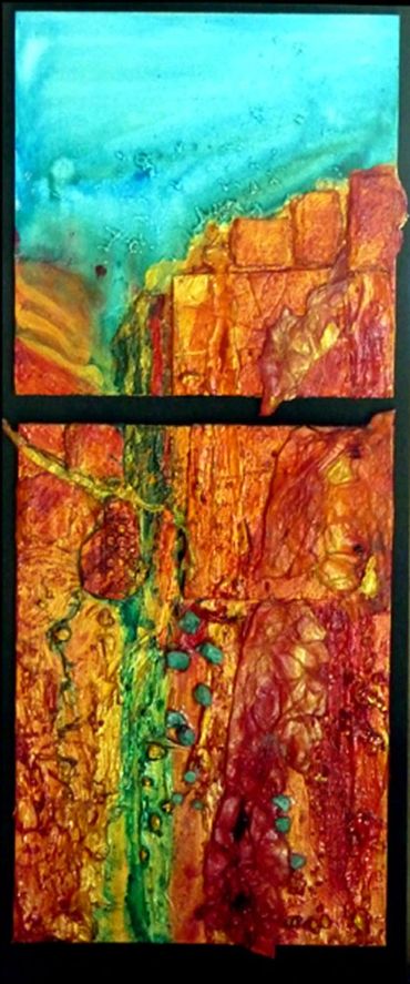 Copper Canyon, 2014
Acrylic, Mixed Media, Collage on Gessobord, 12x5
Jean Batchelder
