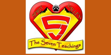 Logo of Spirit Valley featuring a heart with mountains and a bear paw, titled The Seven Teachings.