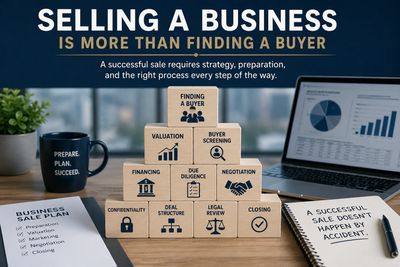 Stacked wooden blocks illustrate key steps in selling a business with a laptop and planning materials.