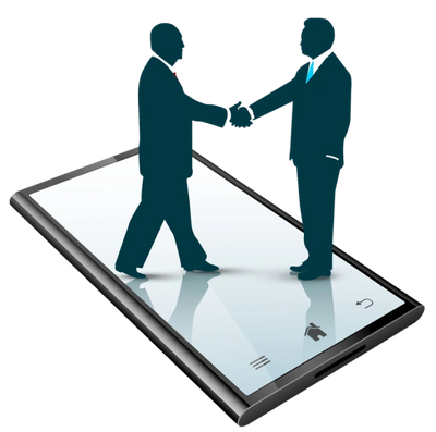 Two silhouetted businessmen shaking hands emerging from a smartphone screen.