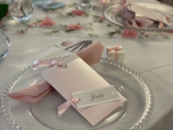 Wedding Stationery Menu Card in Pocket with Pink Ribbon