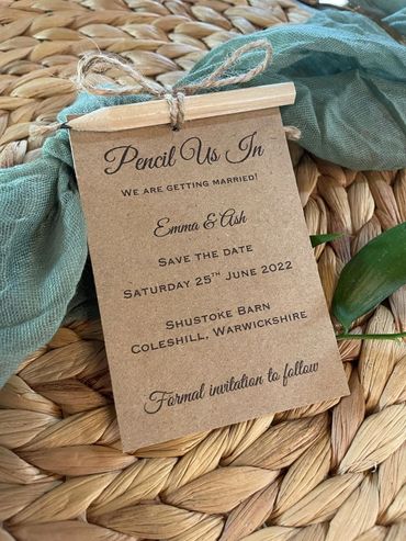 Rustic Brown, Save the Date Invitation with pencil attached by brown string