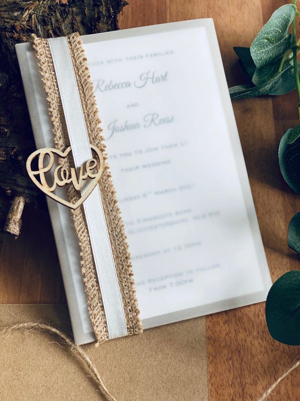 Wedding Stationery Invitation with Rustic Band and Wooden Heart