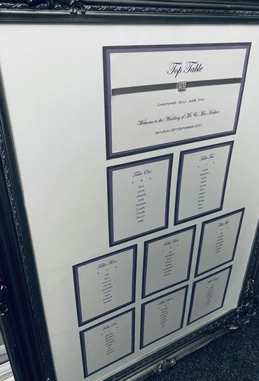 Wedding Table/Seating Plan with Silver Ribbons mounted inside a Silver Frame.