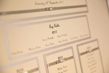 Wedding Table/Seating Plan with Silver Ribbons, mounted on a white background.