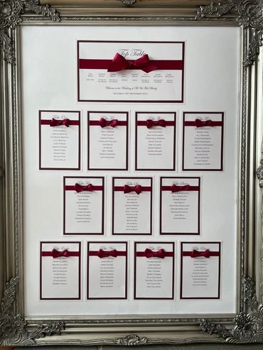 Wedding Table/Seating Plan with Red Ribbons mounted inside a Silver Frame.