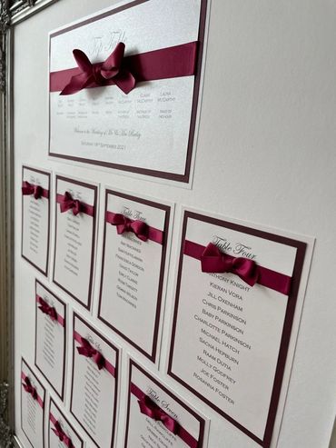 Wedding Table/Seating Plan with Red Ribbons mounted on a white background.