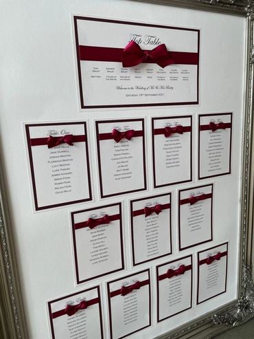 Wedding Table/Seating Plan with Red Ribbons mounted inside a Silver Frame.